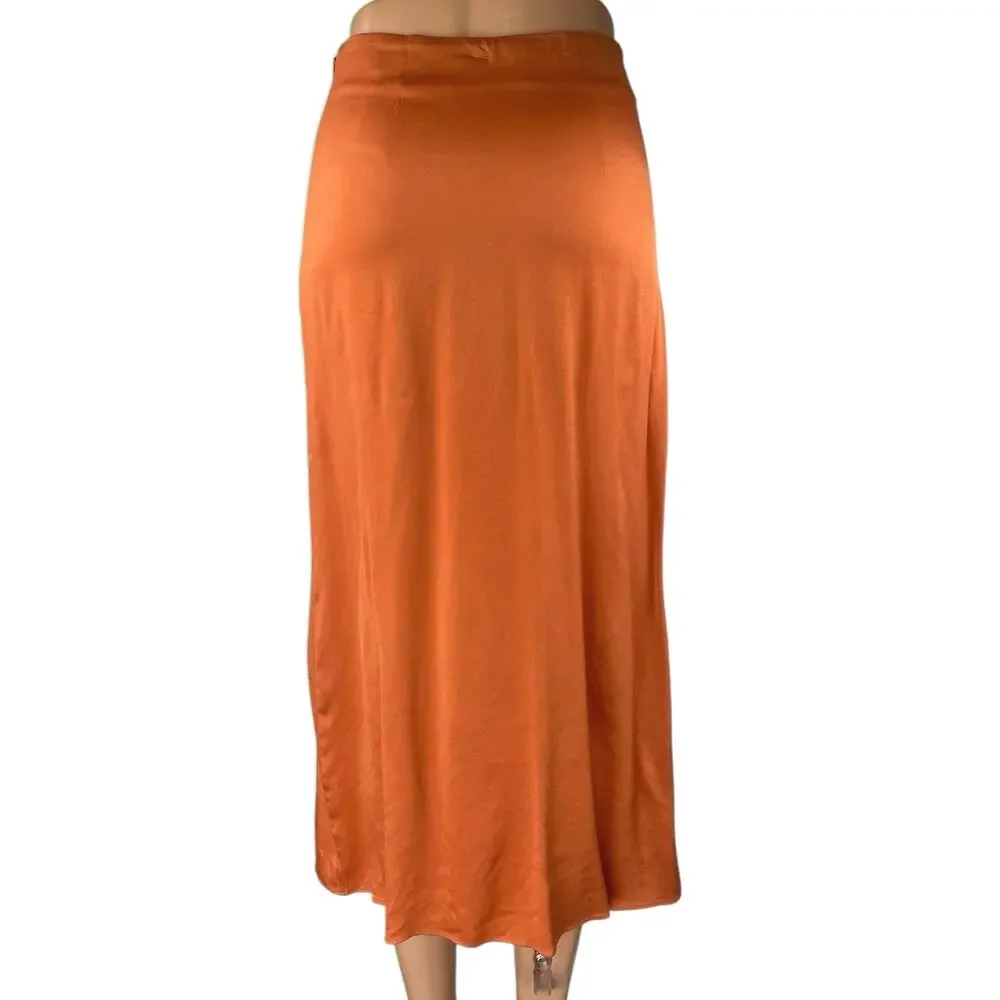 & Other Stories Orange Silky Satin Zipper Slit Midi Straight Pencil Slip Skirt 2